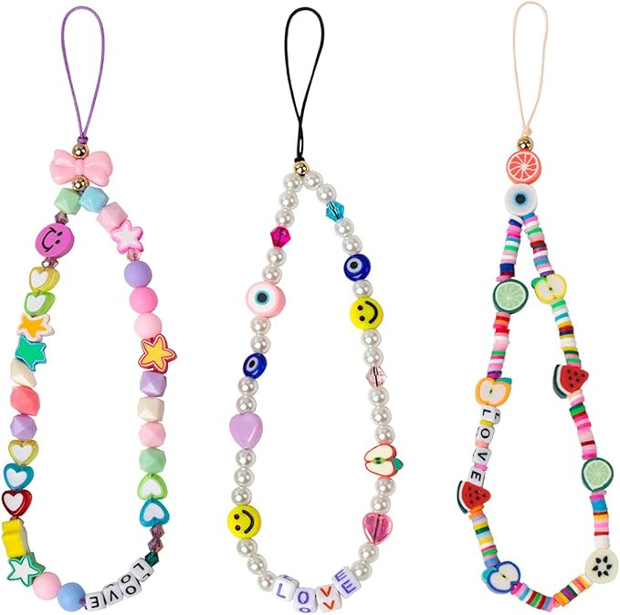 3 Pieces Smiley Face Beaded Phone Lanyard Wrist Strap Fruit Star Letter Pearl Handmade Rainbow Po... | Amazon (US)