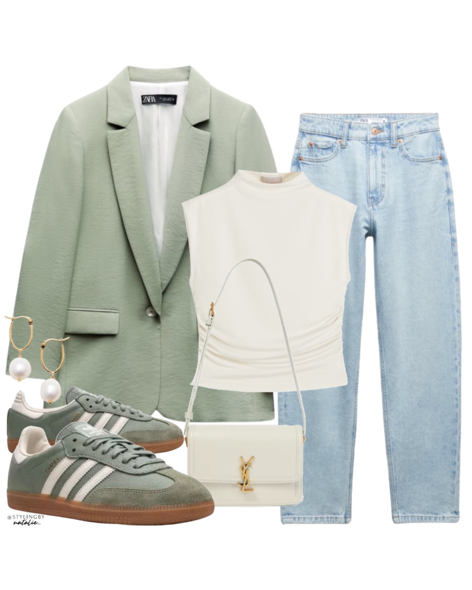 Pale green blazer, high waisted mom jeans from Zara (links in my Aug instagram stories) turtleneck crop top in beige, Saint Laurent Solferino bag in beige, pearl hoop earrings & new season Adidas Samba trainers in green & white.
Casual outfit inspo, everyday outfits, everyday wear, blazer style, high street style, high street fashion, trainers, new in sambas, new colorway.#LTKunder100 

#LTKstyletip #LTKshoecrush