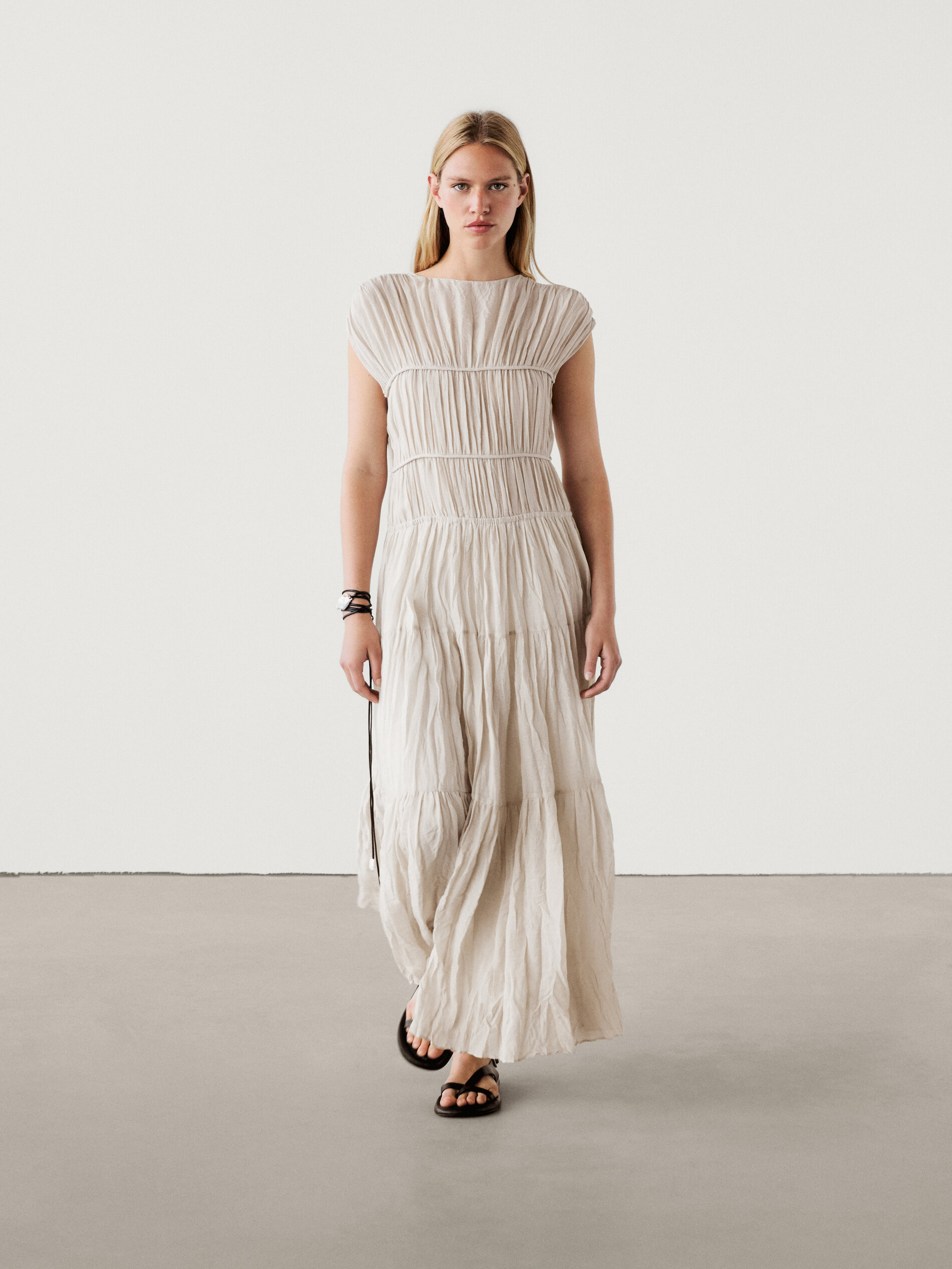 Pleated ramie blend midi dress | Massimo Dutti US