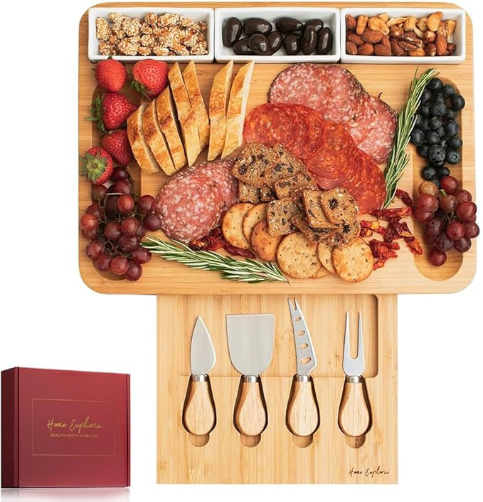 Home Euphoria Large Bamboo Charcuterie Board and Knife Set - Cheese Board with Bowls, Beautiful G... | Amazon (US)