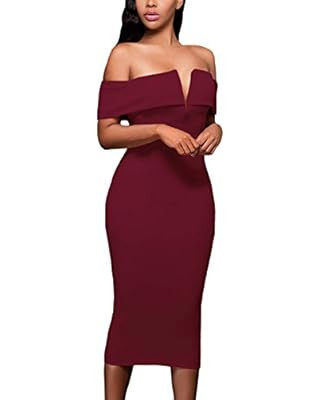 AlvaQ Women's Sexy V Neck Off The Shoulder Evening Bodycon Club Midi Dress | Amazon (US)