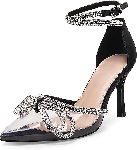 Coutgo Women's Clear Heels Closed Toe Pointed Rhinestone Heels Ankle Strap Bow Pumps Wedding Brid... | Amazon (US)