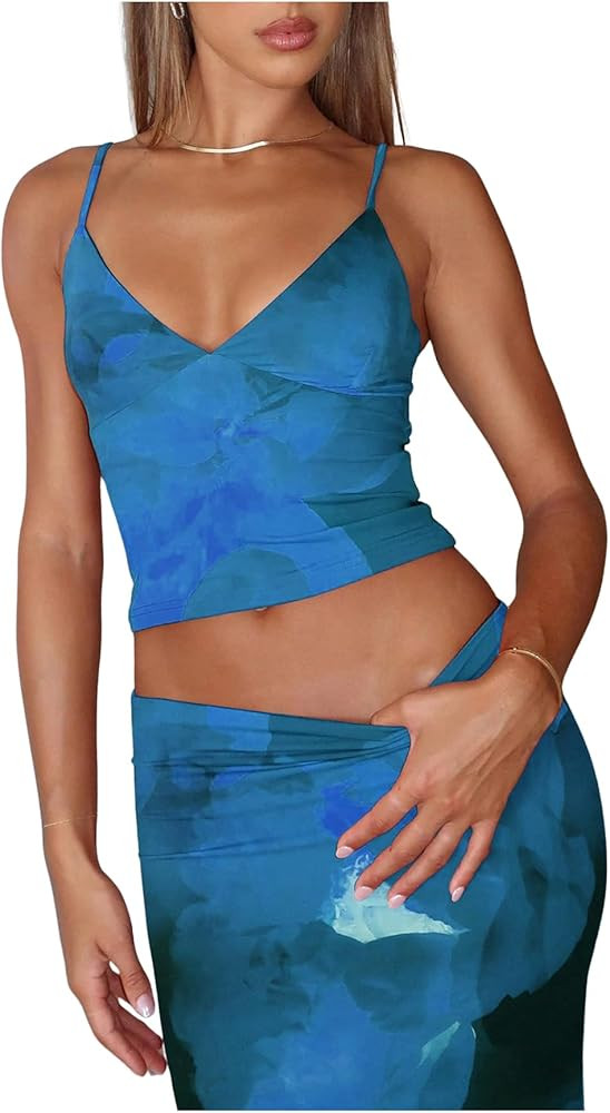 Milumia Women's Vacation Outfit Floral Spaghetti Strap Cami and Bodycon Maxi Skirt Set | Amazon (US)