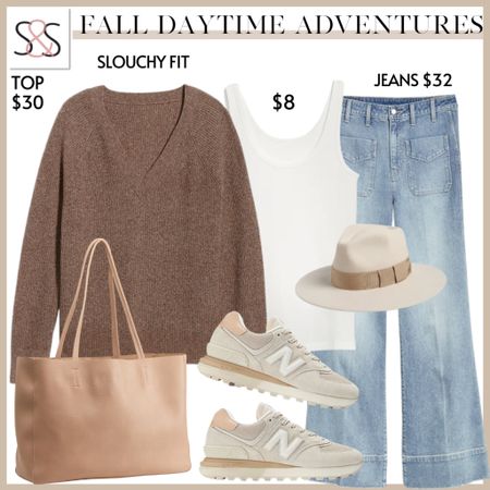 An earth tone v neck sweater and jeans with New Balance sneakers is perfect as your fall outfit  

#LTKSeasonal #LTKshoecrush #LTKstyletip