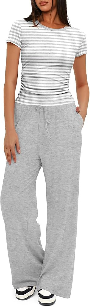 Darong Women's 2 Piece Set Outfits Lounge Sets Ruched Short Sleeve Tops High Waisted Wide Leg Pan... | Amazon (US)