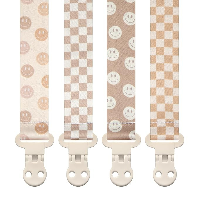 Baby Pacifier Clip Holder - Girl or Boy Unisex 4 Pack Gift Set - Retro Checker and Smiley Faces D... | Amazon (US)