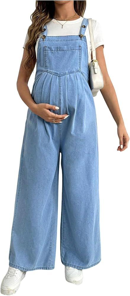 MakeMeChic Women's Maternity Denim Overalls Pleated Wide Strap Sleeveless Fall Pregnancy Jumpsuit... | Amazon (US)