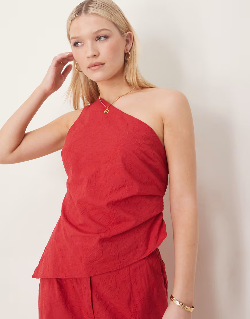 ASOS DESIGN tailored flower textured off the shoulder top in red (part of a set) | ASOS (Global)