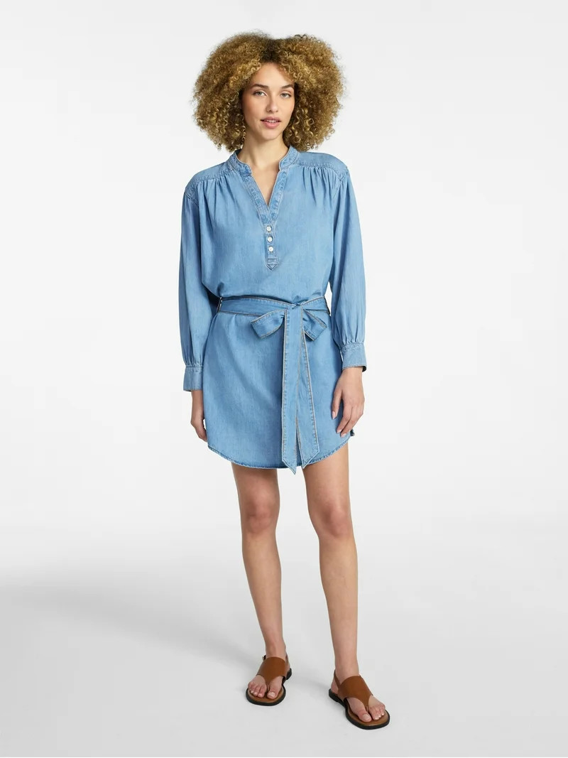 Time and Tru Women's Belted Denim Mini Shirtdress with Long Sleeves, Sizes XS-XXXL | Walmart (US)