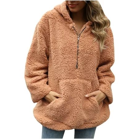 Womens Long Sleeve Zip Sweatshirt Fleece Pullover Casual Solid Color Warm Winter Lapel Wool Blend Fa | Walmart (US)