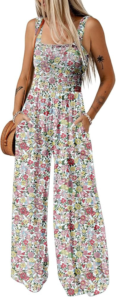 Dokotoo Women's Casual Loose Overalls Jumpsuits One Piece Sleeveless Printed Wide Leg Long Pant R... | Amazon (US)