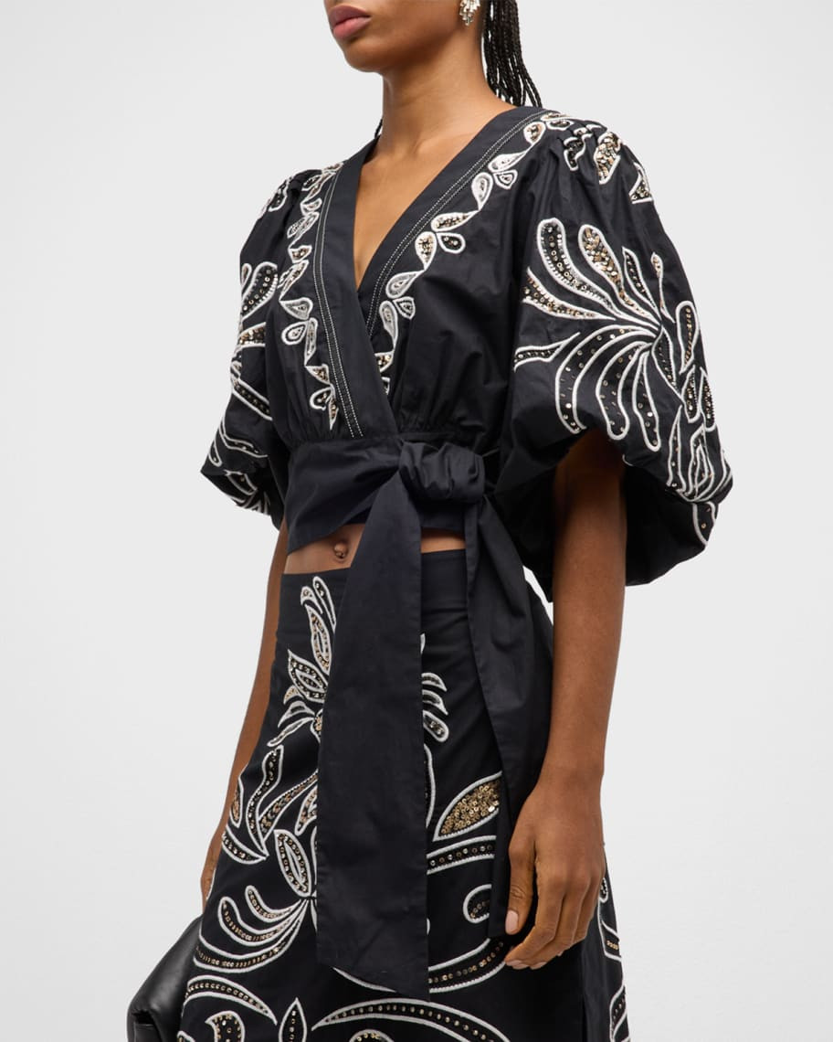 Figue Sisi Embroidered Puff-Sleeve Crop Wrap Top | Neiman Marcus