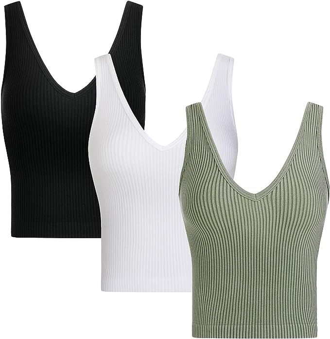 lemonsky 3 Pack Seamless Ribbed Tank Top for Women, V-Neck Camisole with Stretchy Fabric | Amazon (US)