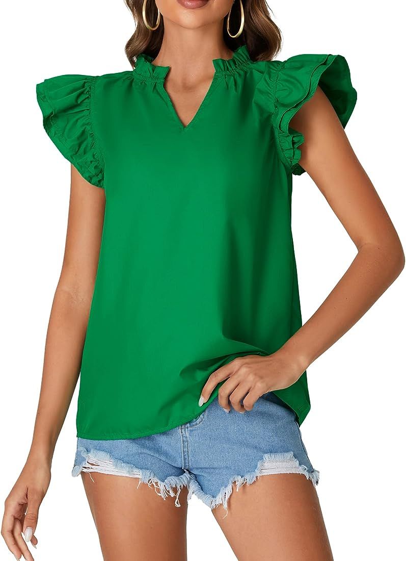 LYANER Women’s Casual Collar V Neck Layered Ruffle Cap Sleeve Tunic Blouse Shirt | Amazon (US)