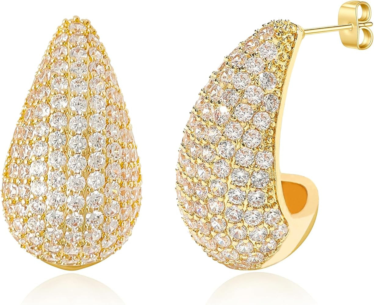 Chunky Gold Hoop Earrings for Women, Rhinestone Teardrop Earrings Dupes Lightweight Water Drop Ea... | Amazon (US)