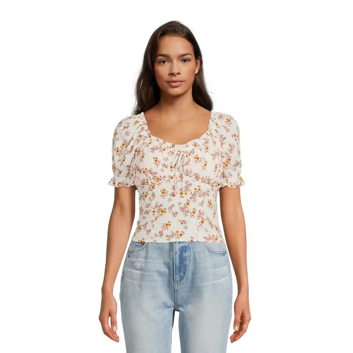 No Boundaries Juniors Print Ruffle Peasant Top with Short Sleeves | Walmart (US)