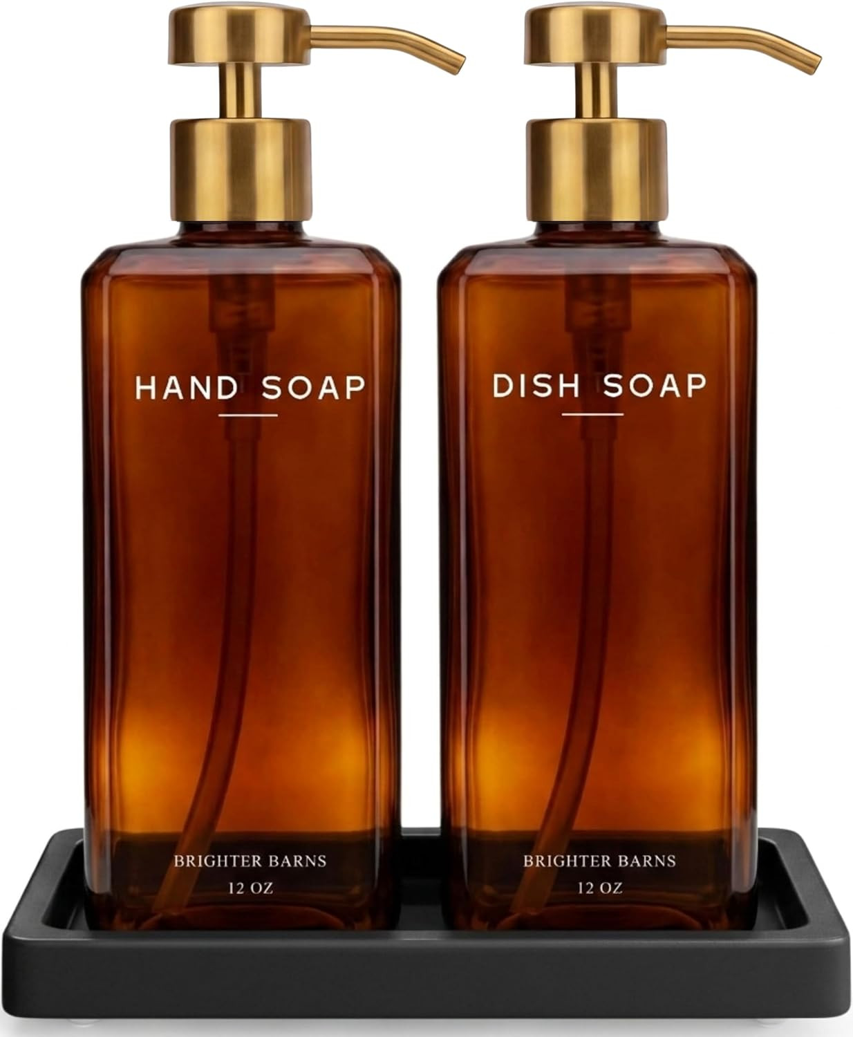 Luxury Glass Hand and Dish Soap Dispenser Set by Brighter Barns - 12oz Kitchen Soap Dispenser with Pump and Ceramic Tray for Kitchen Sink - Gold Home Decor for Vacation Rental, Restaurant (Amber/Gold) | Amazon (US)