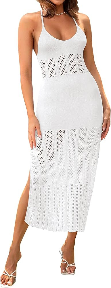 ZESICA Women's Summer V Neck Sleeveless Dress Crochet Spaghetti Strap Beach Cover up Split Bodyco... | Amazon (US)