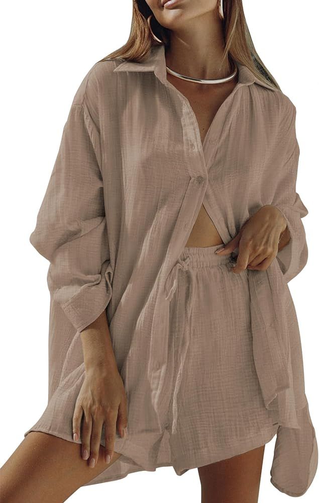Fixmatti Women 2 Piece Outfits Long Sleeve Button Down Blouse and Shorts Sweatsuit Sets | Amazon (US)