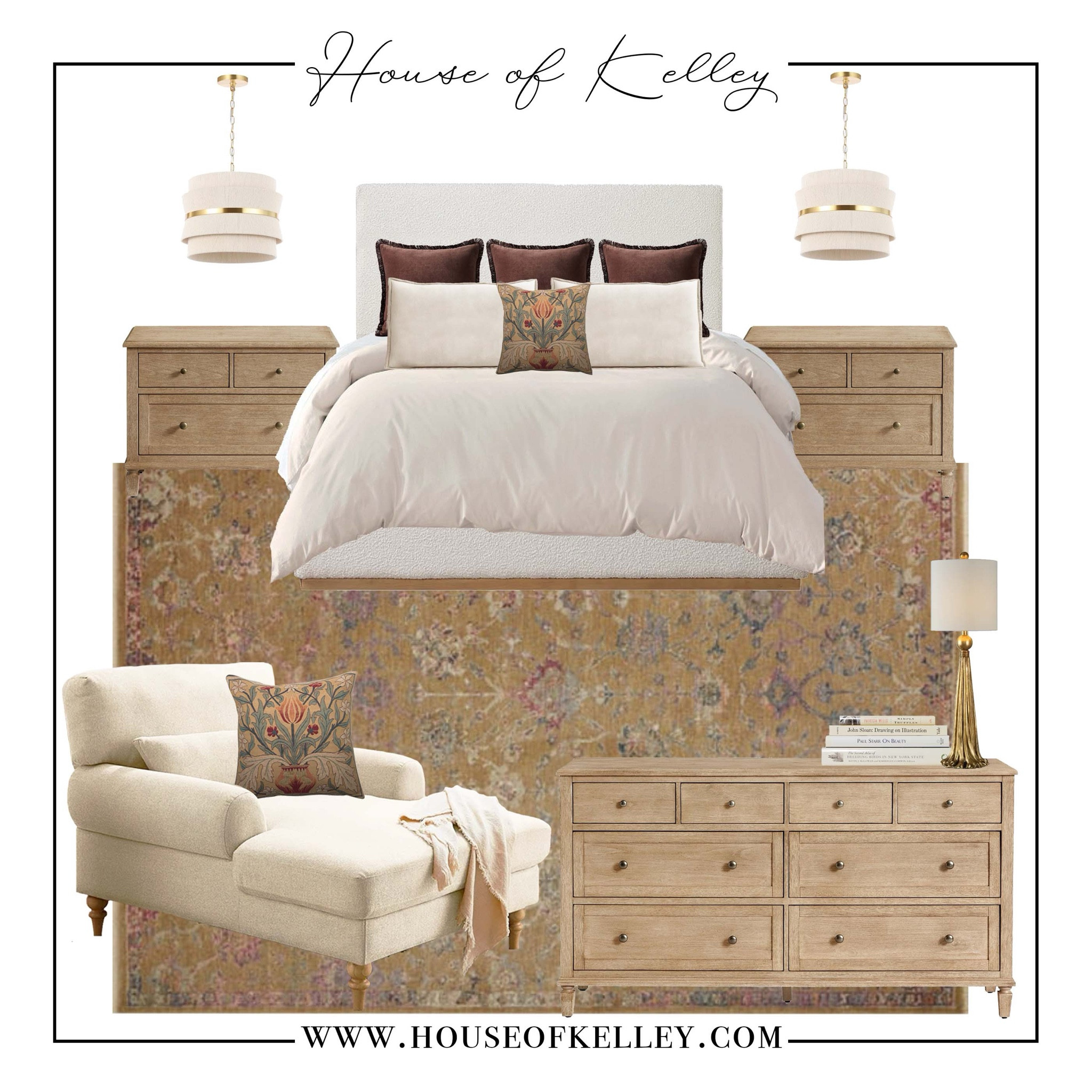 Primary bedroom inpso, bedroom mood board, nightstand lamp, pendant light,  rugs direct, master rug, bedroom rug, primary rug, neutral bedroom, dark rug, white lamps, nightstand lighting, bedside lamp, bedroom lighting, wood nightstand, neutral bedding, white bed, upholstered bed, primary bedroom furniture, home decor, bedroom decor, master bedroom, neutral decor, interior decor, interior design, area rug,  white accent chair, chaise lounge chair, wood nightstand, neutral bedding, ivory bedding, white bedding, wood dresser, dresser drawers, tallboy dresser, pottery barn furniture, Wayfair furniture. 

#LTKxWayfair #LTKStyleTip #LTKHome