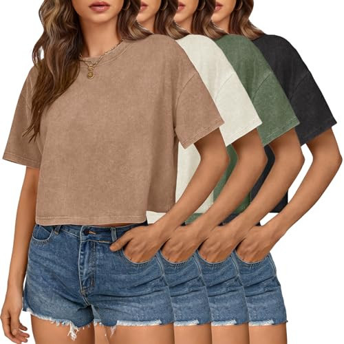 Womens Cropped Tops Acid Wash Short Sleeve T-Shirt Baggy Cotton Tee Vintage Round Neck Basic Tees Casual Shirts Black+Coffee+Army Green+Beige XL | Amazon (US)