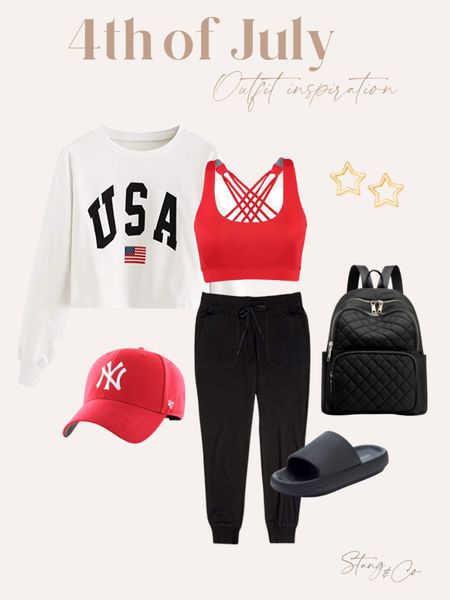 4th of July outfit inspiration 

Athleisure - USA sweatshirt - cropped crew neck - joggers - slides - backpack - star earrings - ny hat

#LTKshoecrush #LTKunder50 #LTKstyletip