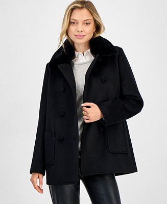 Women's Double-Breasted Faux Fur Collar Coat | Macy's