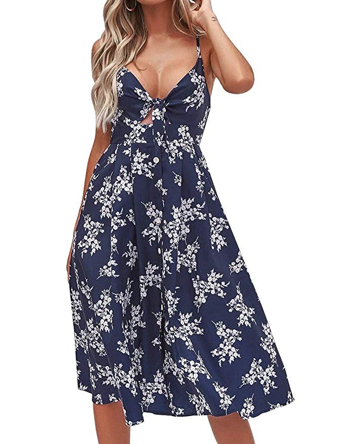 FANCYINN Womens Floral Prints Tie Front Button Down Spaghetti Strap Midi Dress | Amazon (US)