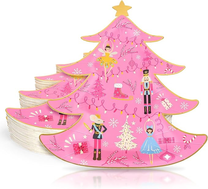 Whaline 40Pcs Christmas Paper Plates Pink Nutcracker Gold Foil Xmas Tree Disposable Plates Christ... | Amazon (US)
