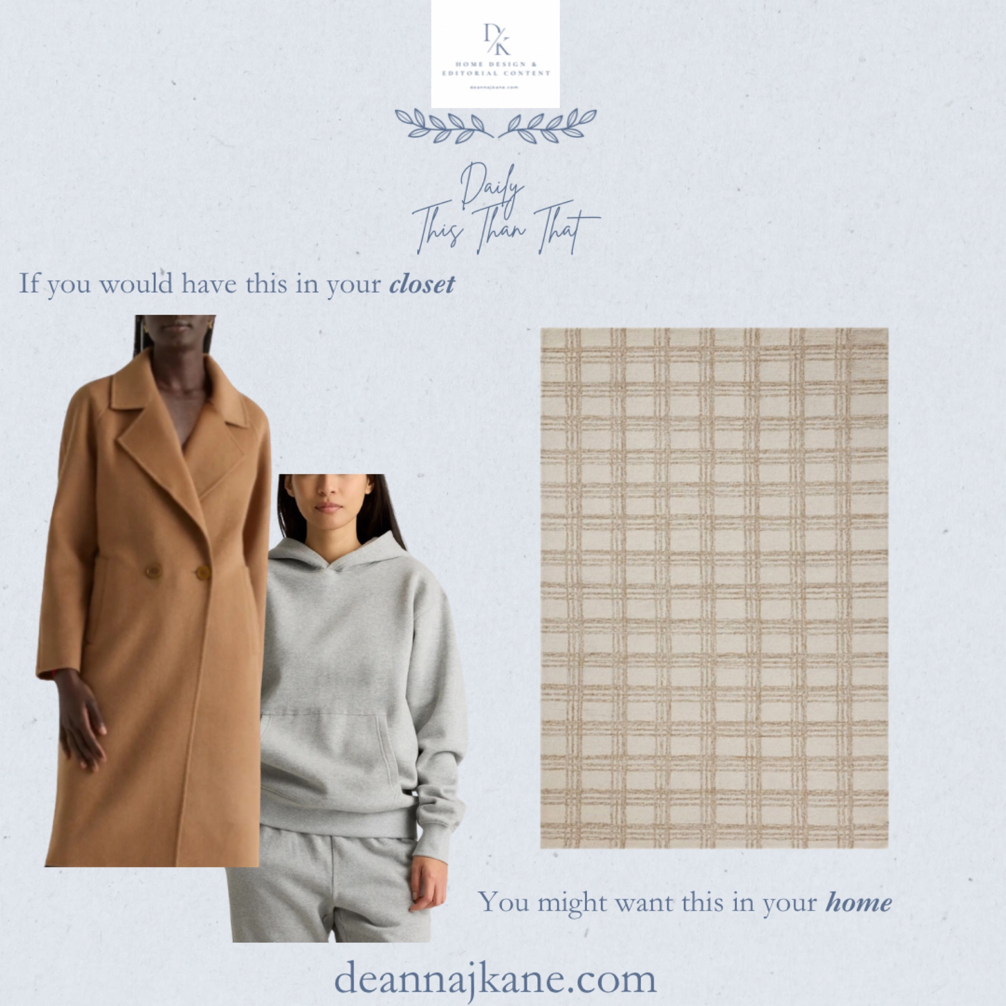 If you would wear this camel wool coat over this gray sweatsuit, you might want this cream and tan checked wool/jute rug in your home.

#LTKSeasonal #LTKHome