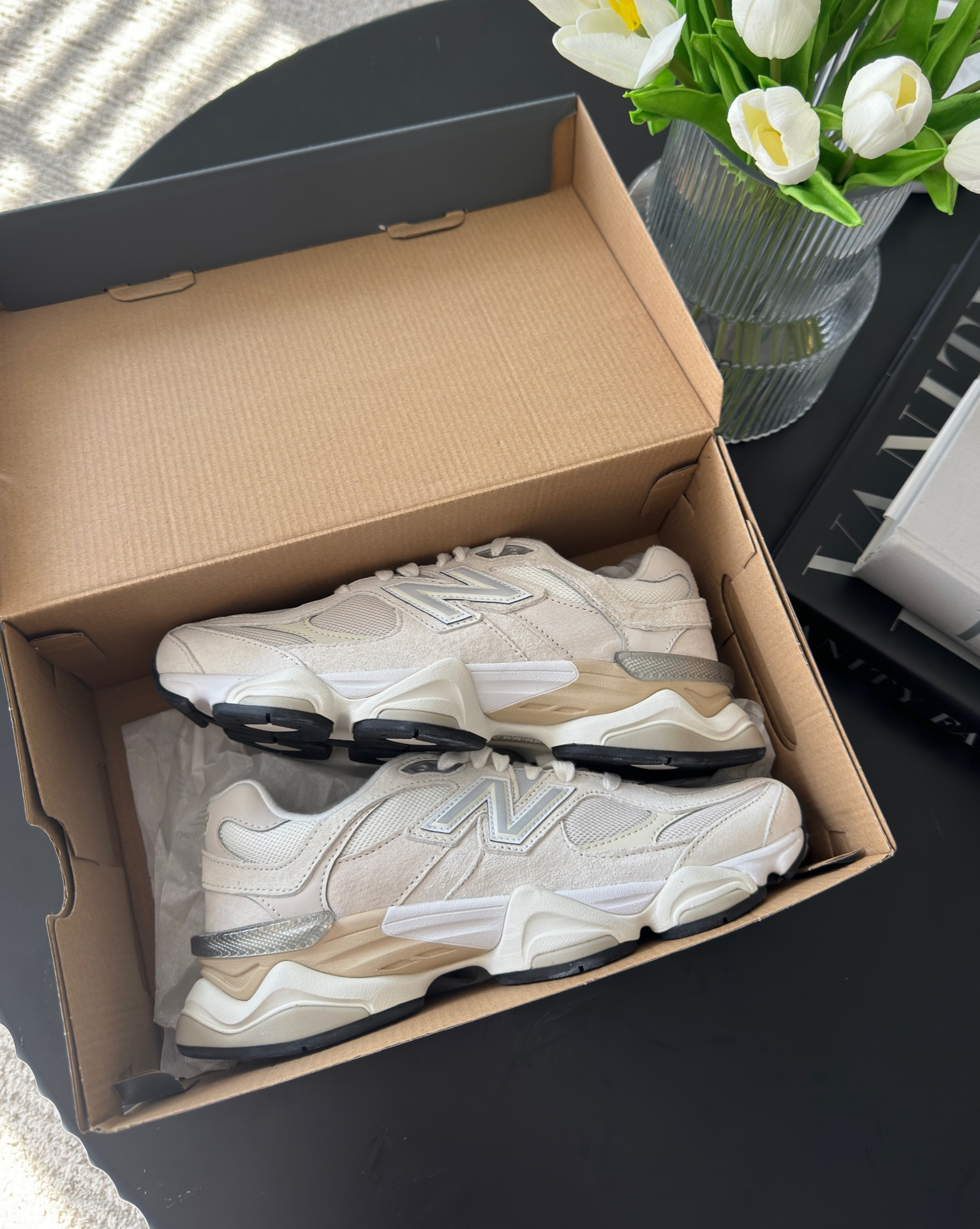 the cutest neutral new balances that match with anything! They’re unisex so make sure to size accordingly 🤍👟 they’re also more white in person the camera picks up more beige for some reason but they’re perfecttt in person! 