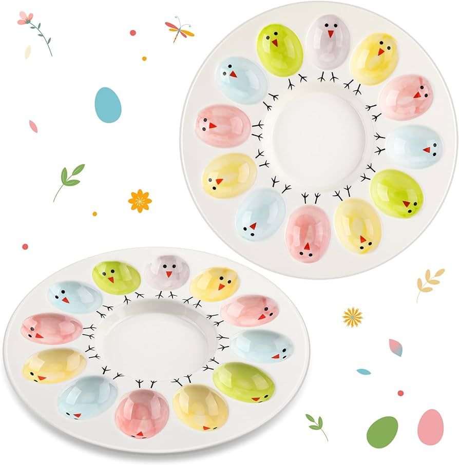Sunnychicc Colorful Chick Easter Egg Deviled Egg Tray Holds 12 Eggs Ceramic Deviled Eggs Platter ... | Amazon (US)