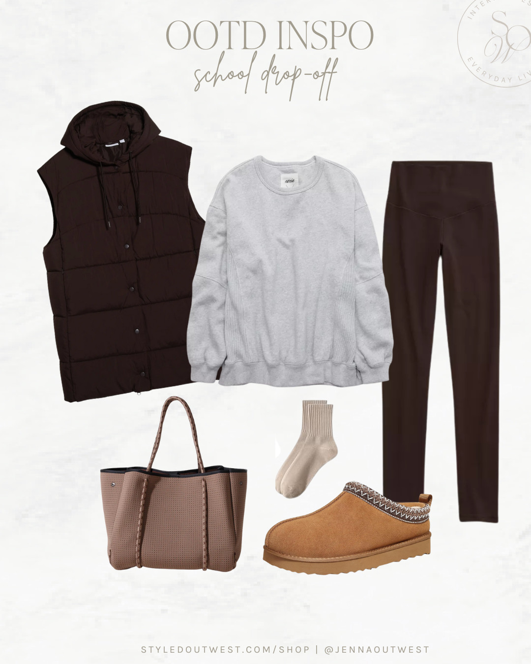 My school-drop off outfit on repeat! Sizing and info below. 

Vest: So warm and has fleece lined pockets! Bought my true size M.

Sweatshirt: Runs big, I wear a Small (comes in a bunch of colors including the same brown as the leggings)

Leggings: Wear my true size M. Also just bought them in the prettiest dark green color which is on sale for $25!

Socks: Come in a pack of 6 for $13! The best socks ever for working out and wearing with boots.

Ugg slipper dupes: The best dupes I've ever seen for only $40! If in between sizes, go up one.

My everyday tote bag: It's washable and fits so much! Use code JENNAOUTWEST for 15% off.  

 #LTKGiftGuide #LTKSeasonal #LTKActive