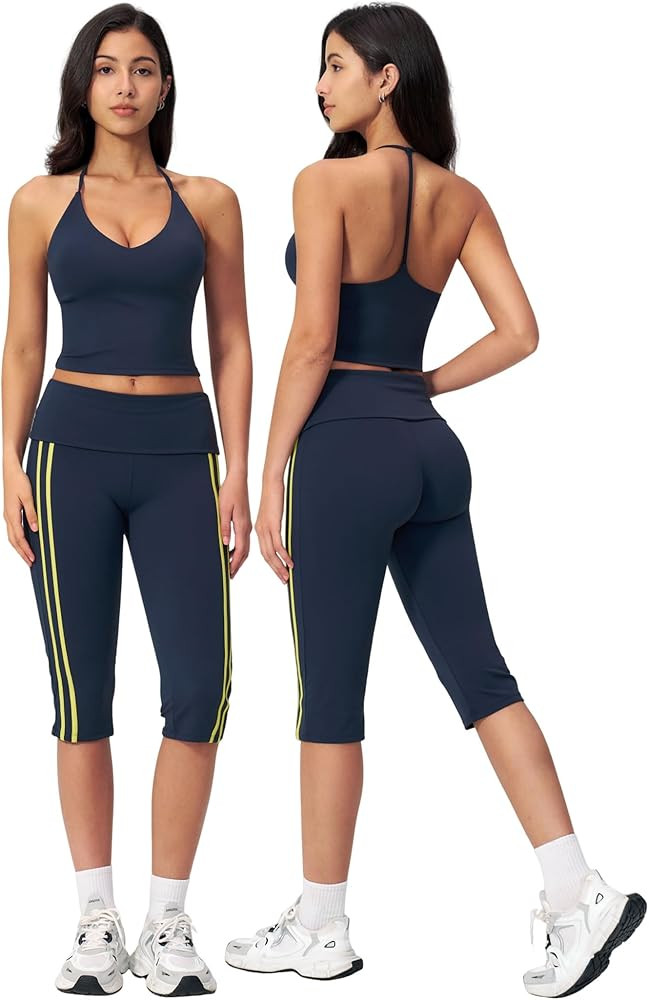 Women 2 Piece Workout Set Spaghetti Straps Tank Top and High Waist Capri Pants Yoga Outfits | Amazon (US)
