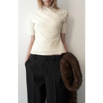 MANGO Fitted Wrap Effect Top in Ecru at Nordstrom, Size Medium | Nordstrom