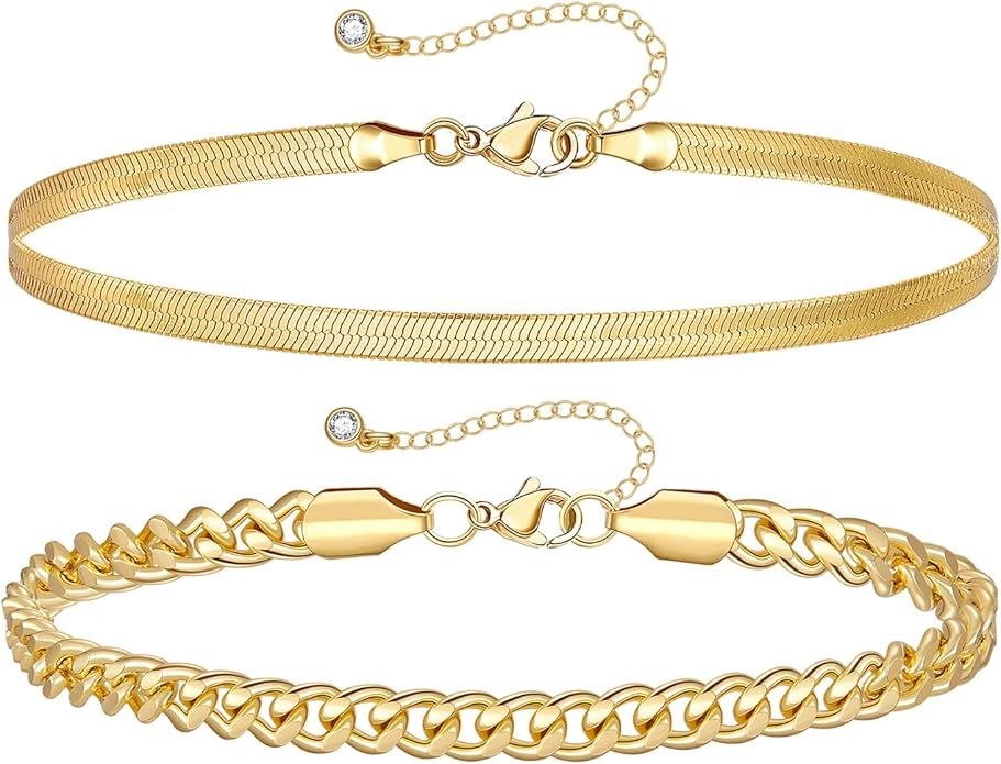 KissYan Gold Layered Ankle Bracelets for Women, Dainty 14k Gold Plated Layering Anklets Set Adjus... | Amazon (US)