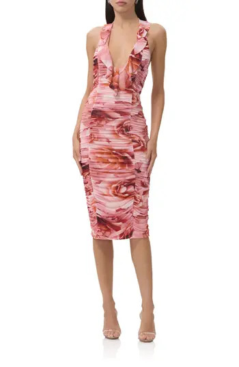 AFRM Balmer Ruched Halter Dress in Peach Roses at Nordstrom Rack, Size Medium | Nordstrom Rack