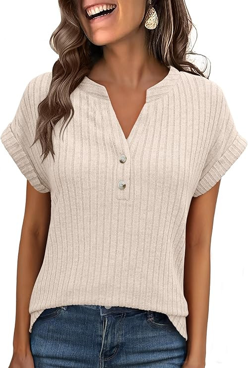 ANRABESS Womens Short Sleeve Henley Shirts V Neck Summer Sweaters 2026 Spring Business Tunic Tops... | Amazon (US)