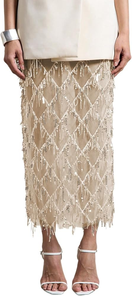 Apvirdy Sequin Skirt for Women Sparkly Fringe Sheer Overlay Skirt High Waist Side Split Midi Skir... | Amazon (US)