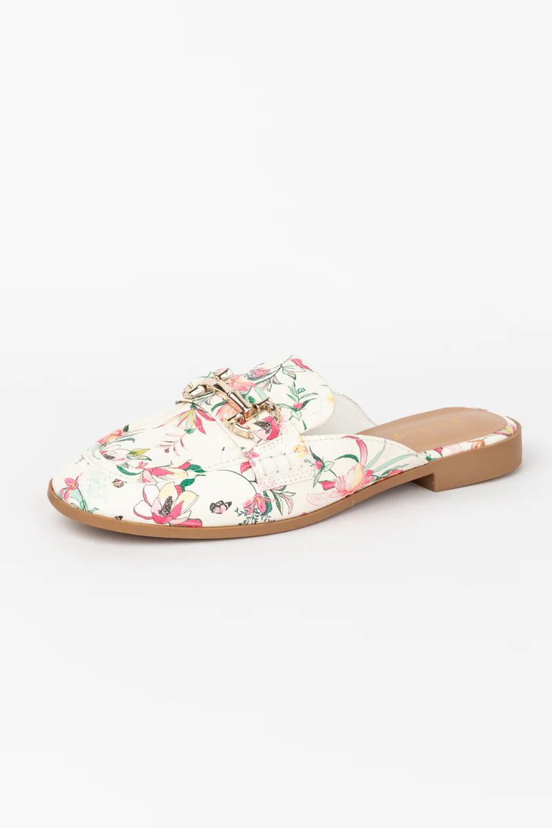 Floral Mules - White Floral Printed Mule Shoes | Avara