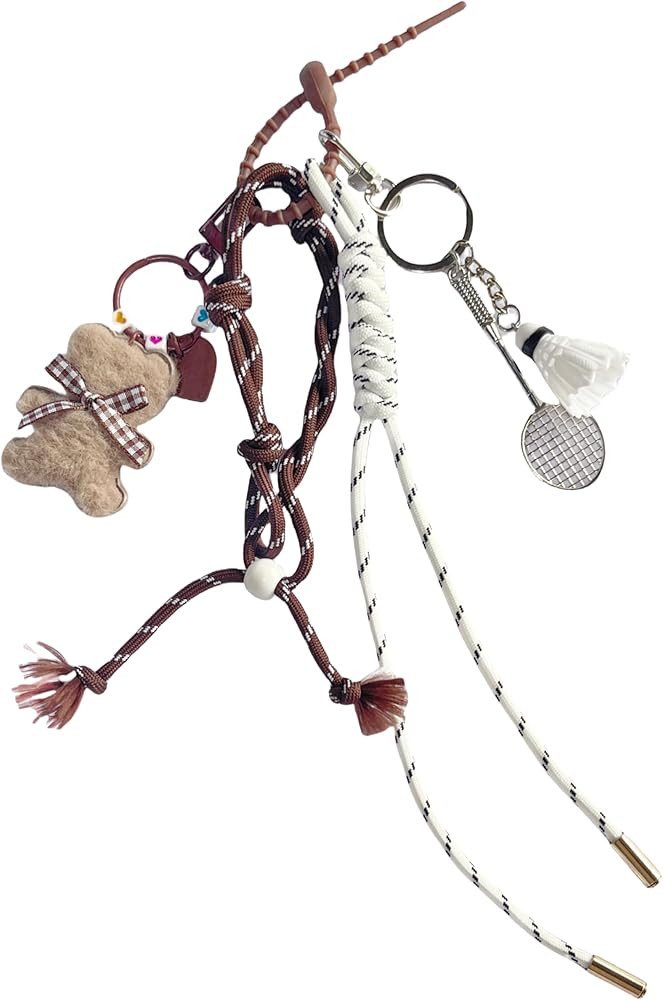 Brown Plush Bear Cute Keychain, Bag Charm, Hand-Woven Nylon Rope Key Chain, Aesthetic Keychain, B... | Amazon (US)