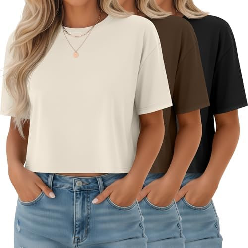 Ficerd 3 Pack Women's Half Sleeve Crop Tops | Amazon (US)