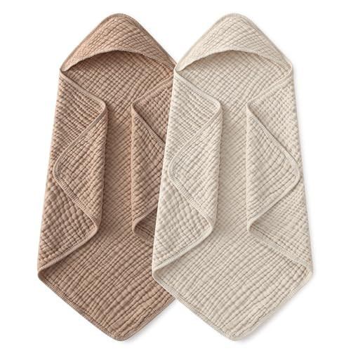 Yoofoss Hooded Baby Towels for Newborn 2 Pack 100% Muslin Organic Cotton Baby Bath Towel with Hood for Babies, Infant, Toddler and Kids, 32x32Inch, Soft and Absorbent Newborn Essential, Beige&Coffee | Amazon (US)
