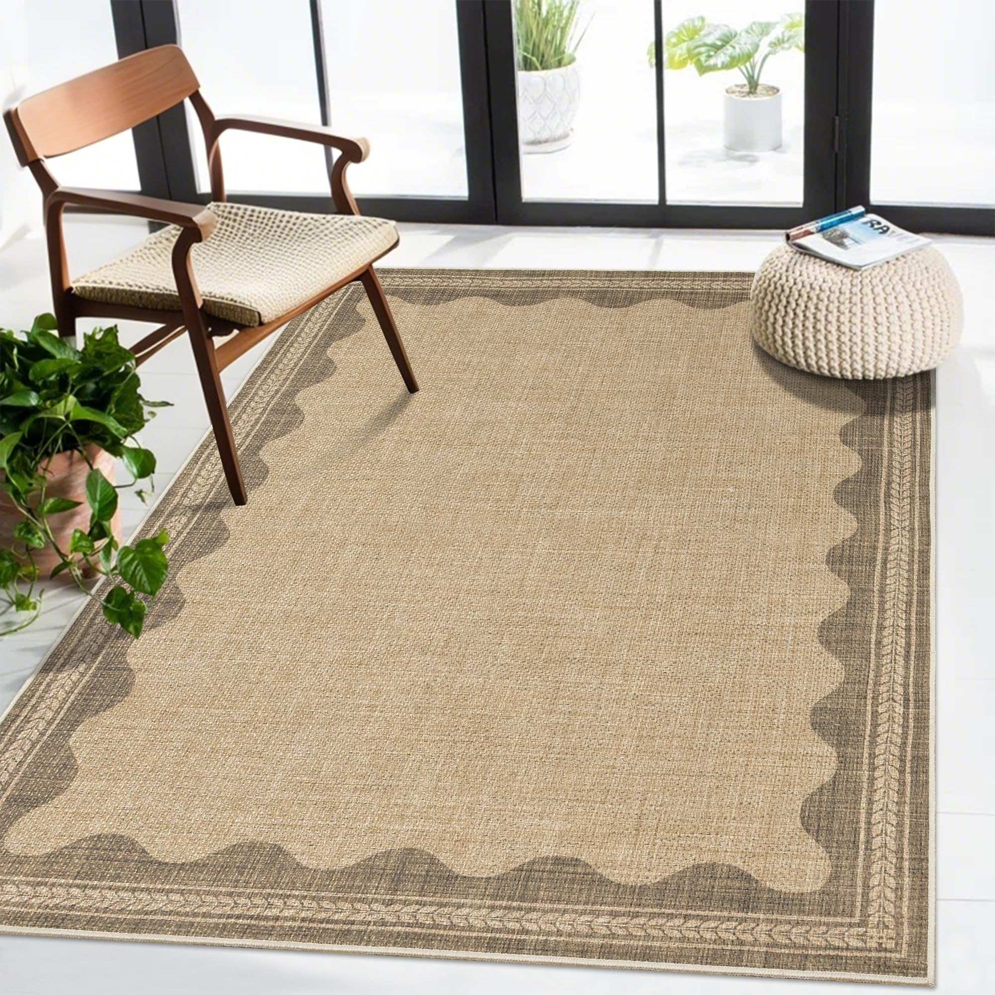 Easy Jute Rug 3x5 Outdoor Rug Scalloped Washable Rugs for Entryway Non Slip Neutral Farmhouse Indoor Outdoor Carpet for Backyard Patio Office | Amazon (US)