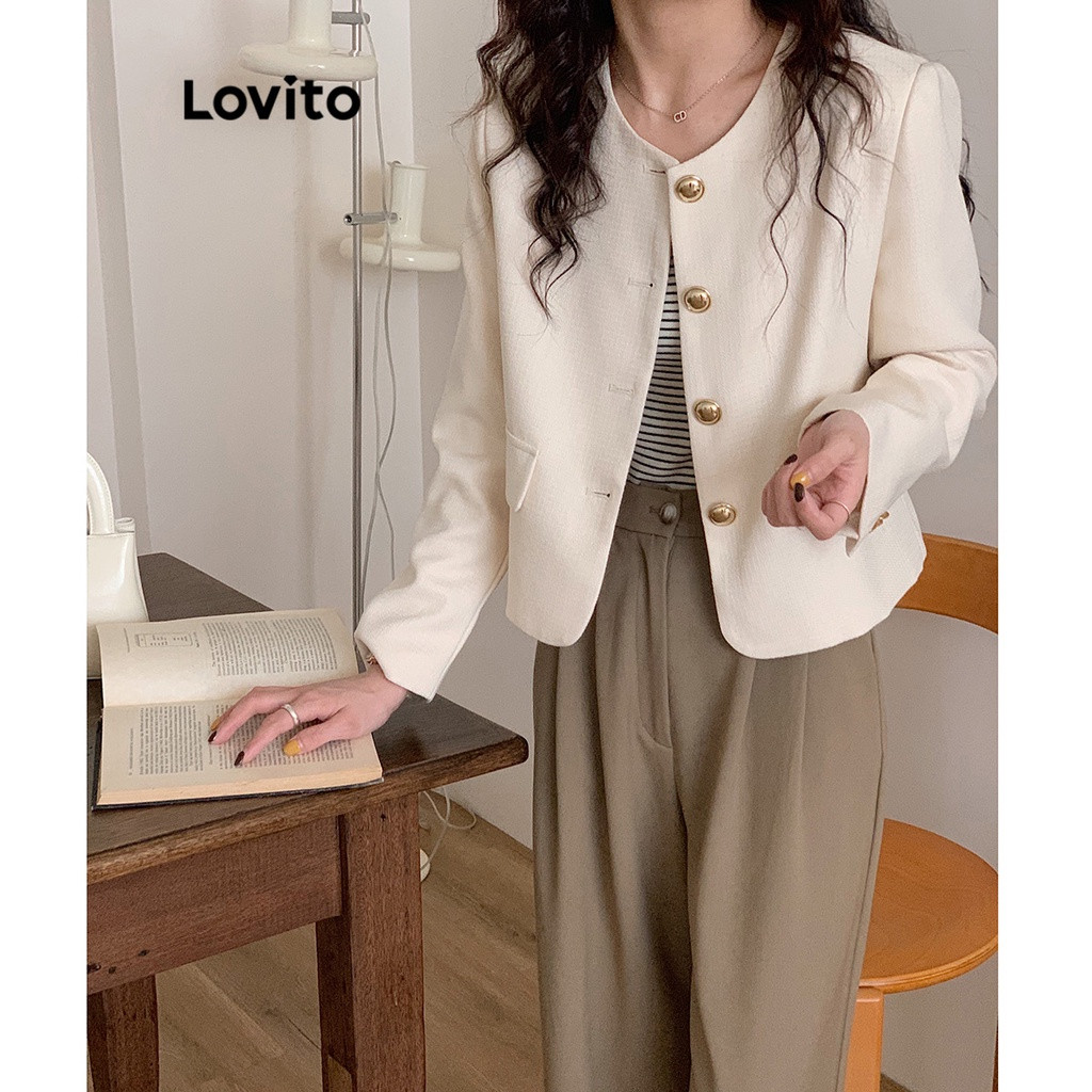 Lovito Blazer Casual Com Botão De Bolso Liso Para Mulheres LNA29388 (Damasco) | Shopee (BR)