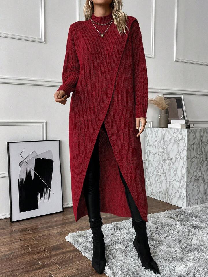SHEIN Essnce Women's Red Split Hem Long Sweater | SHEIN