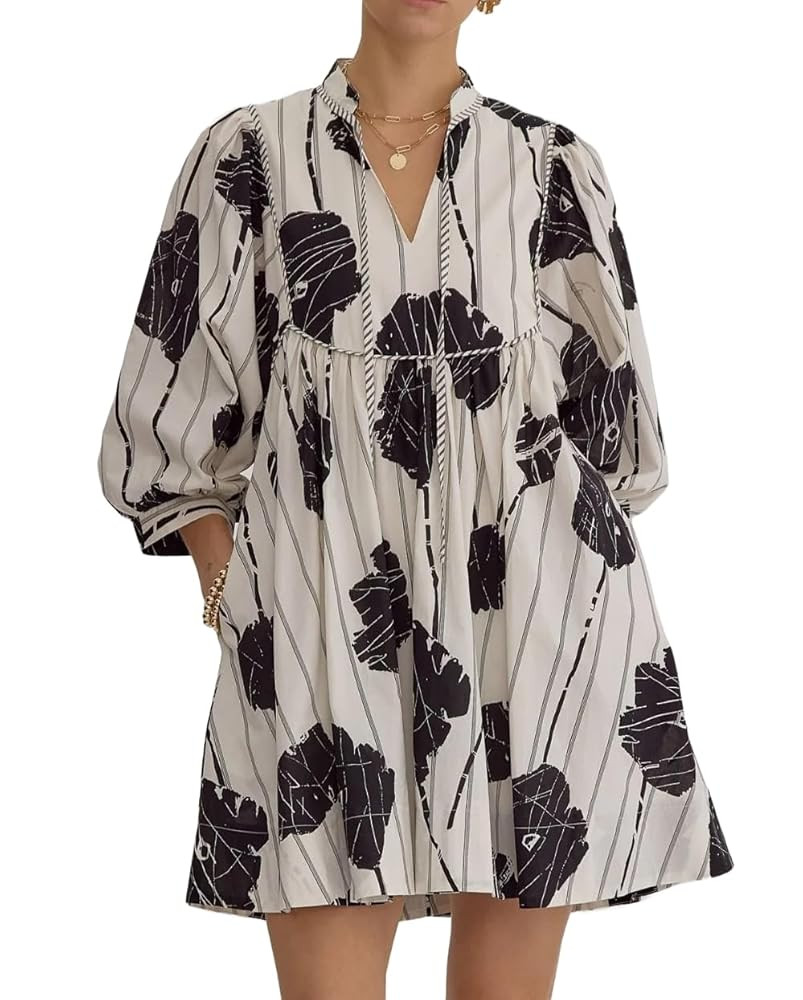 Women Floral Babydoll Mini Dress V Neck 3/4 Puff Sleeves A Line Flowy Swing Summer Sun Dresses | Amazon (US)
