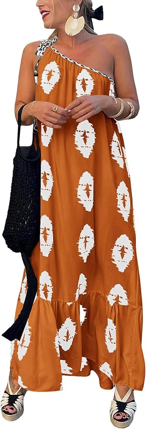 PRETTYGARDEN Womens One Shoulder Spaghetti Strap Printed A Line Flowy Boho Maxi Long Sundress | Amazon (US)