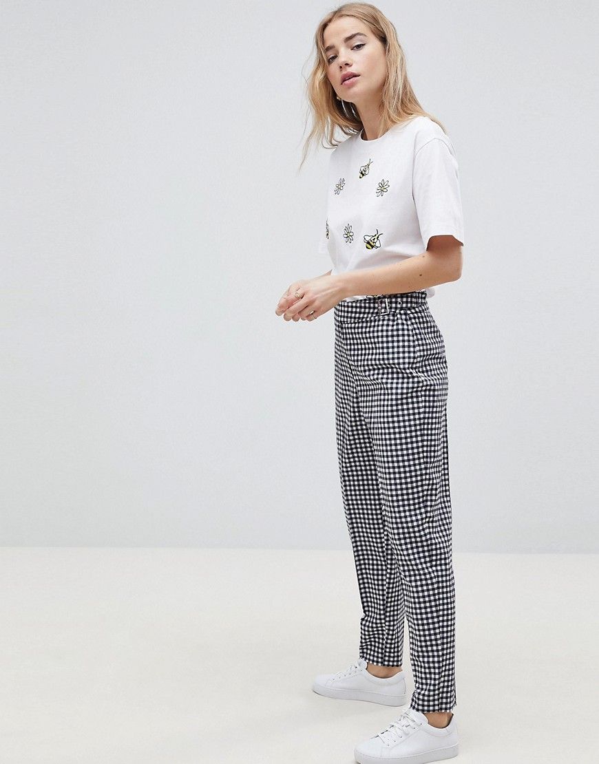 ASOS DESIGN tailored gingham tapered trouser with belt and buckle detail | ASOS UK
