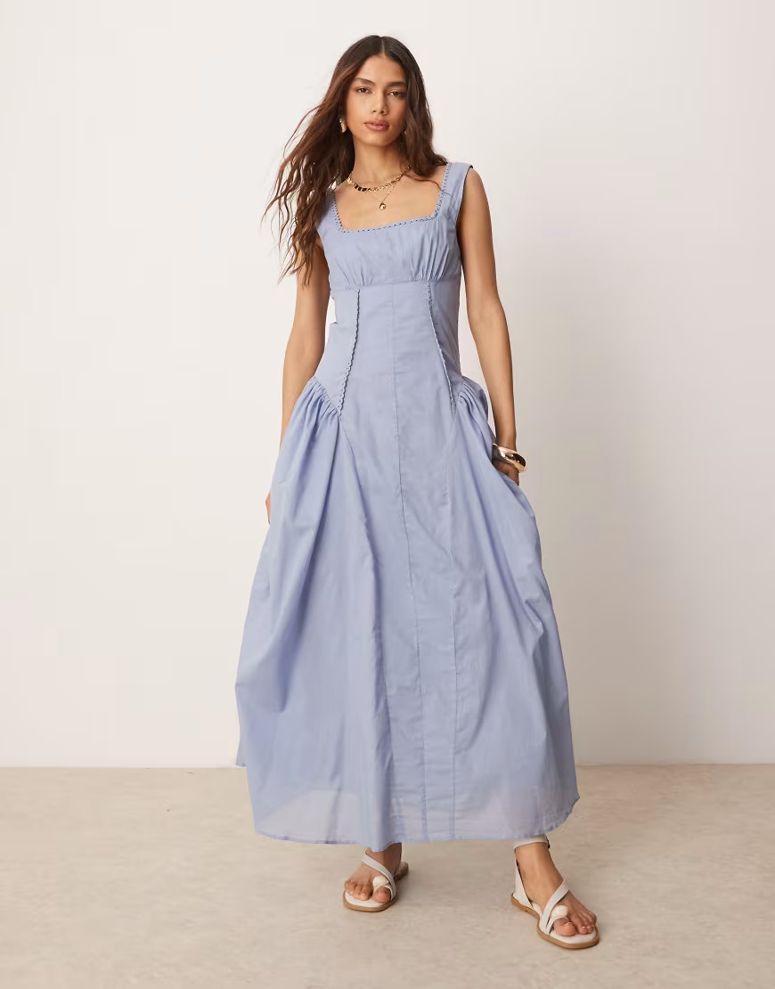 ASOS DESIGN prairie square neck maxi dress with dropped waist in blue | ASOS (Global)